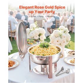 Chafing Dish Buffet Set, 5 Qt 4 Pack, Stainless Steel Chafer with 4 Full Size Pans, Round Catering Warmer Server with Lid Water Pan Folding Stand (Style: Rose Gold, Set: 4 Pcs)